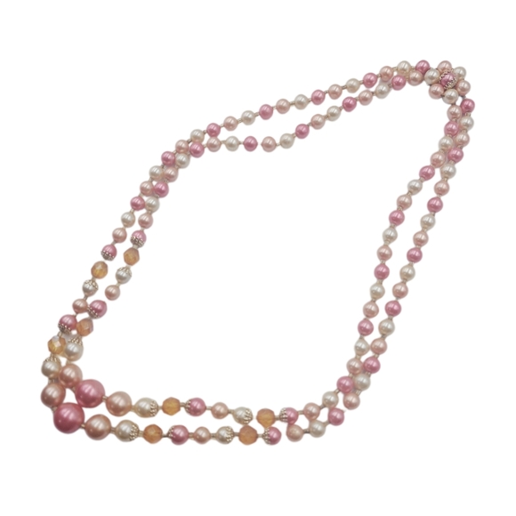 Pink & Cream Beaded Necklace with Floral Cluster Front Clasp - Picture 4 of 5